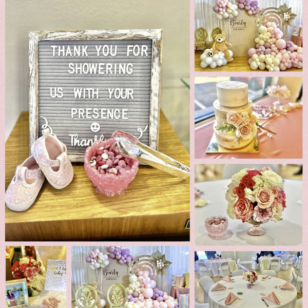 collage of baby shower memories pink cake friends