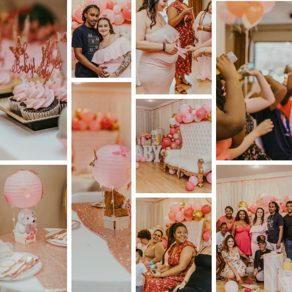 photo collage of pink baby shower with pink balloons rose gold table banners throne chair baby table