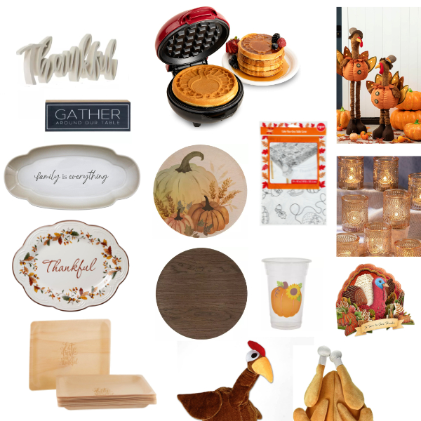 collage photo of thanksgiving party supply decor plates statue waffle maker