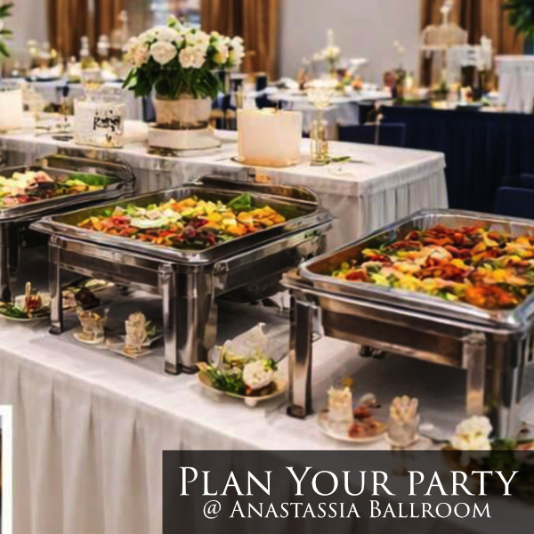 blue white corporate event color scheme silver platters of food with text plan your party