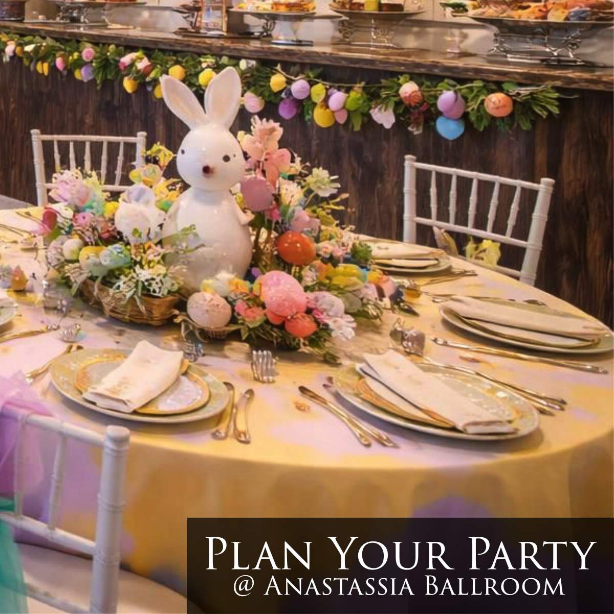rustic bunny centerpieces, near bar area, yellow lilac table cloth, white chiavari chairs