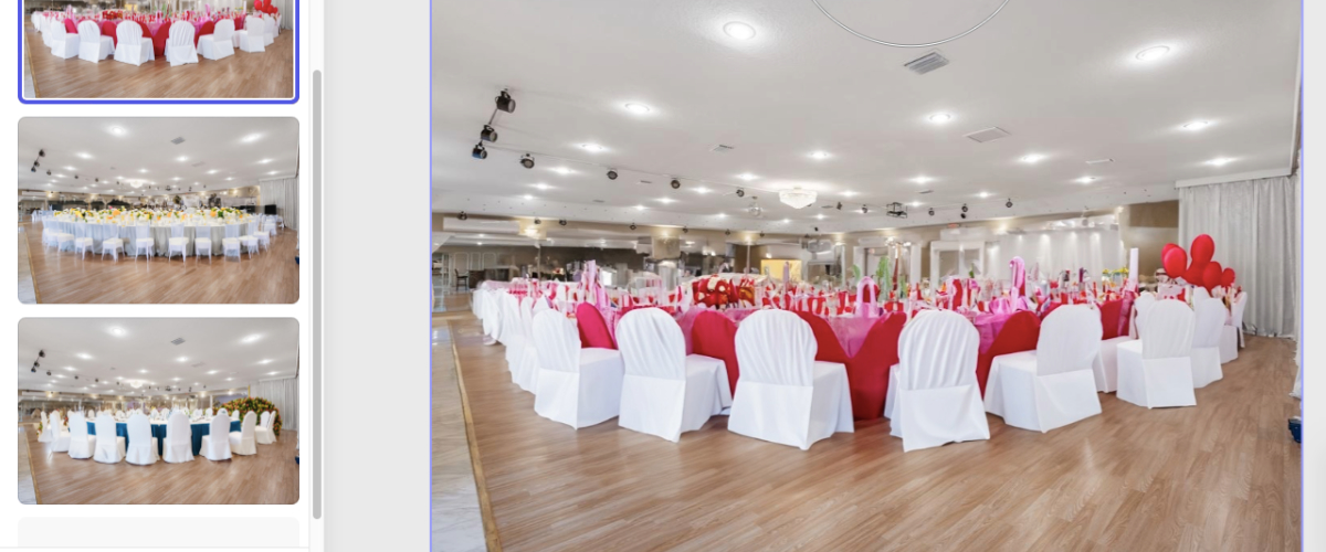 red table cloth with white draped chairs