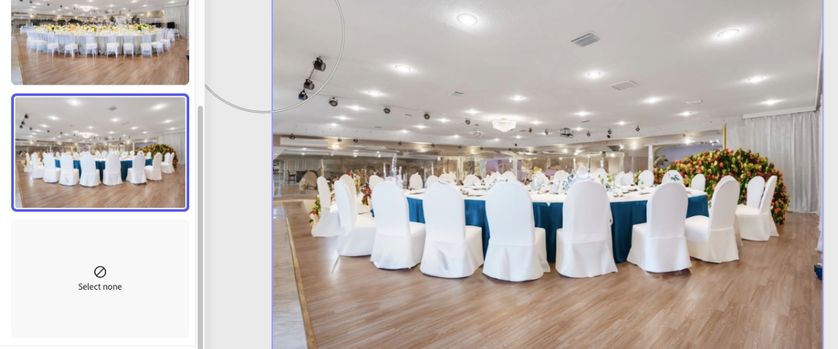 large round blue table cloth edges with elegant white fabric chair covers and massive flowers