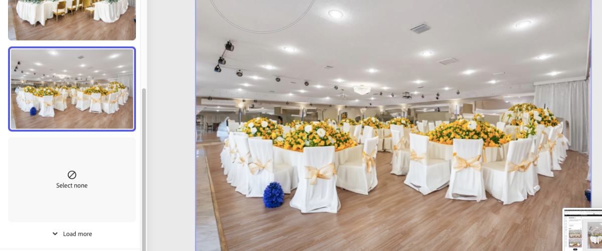 iconic square rectangular tables with gold chair sashes and large daisy centerpieces