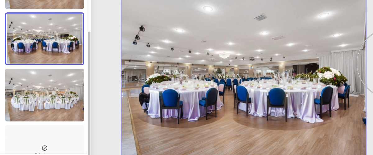 round tables with blue chairs and enough aisle spacing
